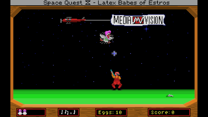 In einer Ingame-Arcade im Einkaufszentrum können wir uns mit diesem seitlich scrollenden Minispiel namens Ms. Astro Chicken: Flight of the Pullet vergnügen. (Bild: Sierra / Activision / Screenshot: Medienagentur Plassma / Sönke Siemens)
